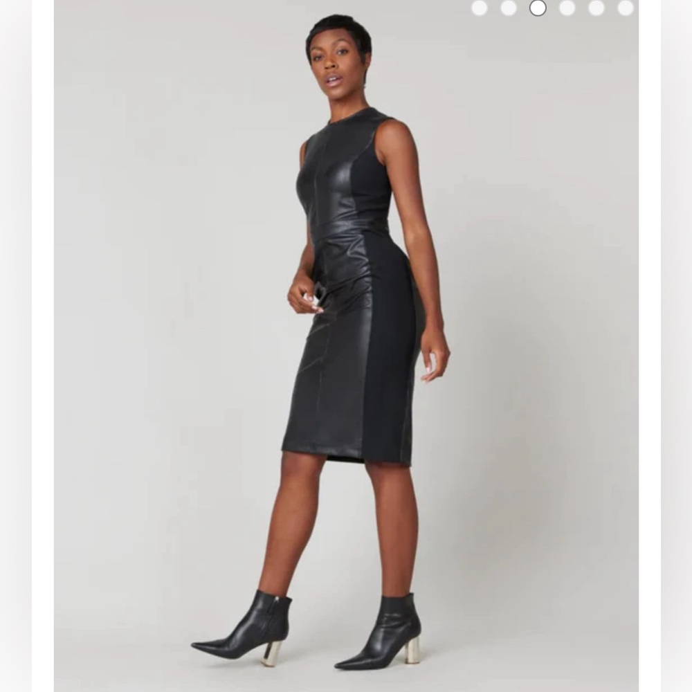 Spanx Mixed Media Leather-Like Combo Fitted Dress Medium, Black Leather Dress